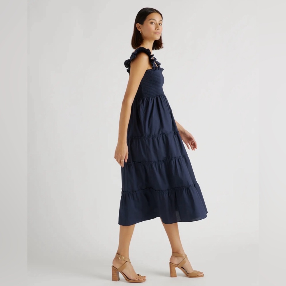 NWT Quince 100% Organic Cotton Poplin Smocked Midi Dress in Navy - Picture 3 of 10